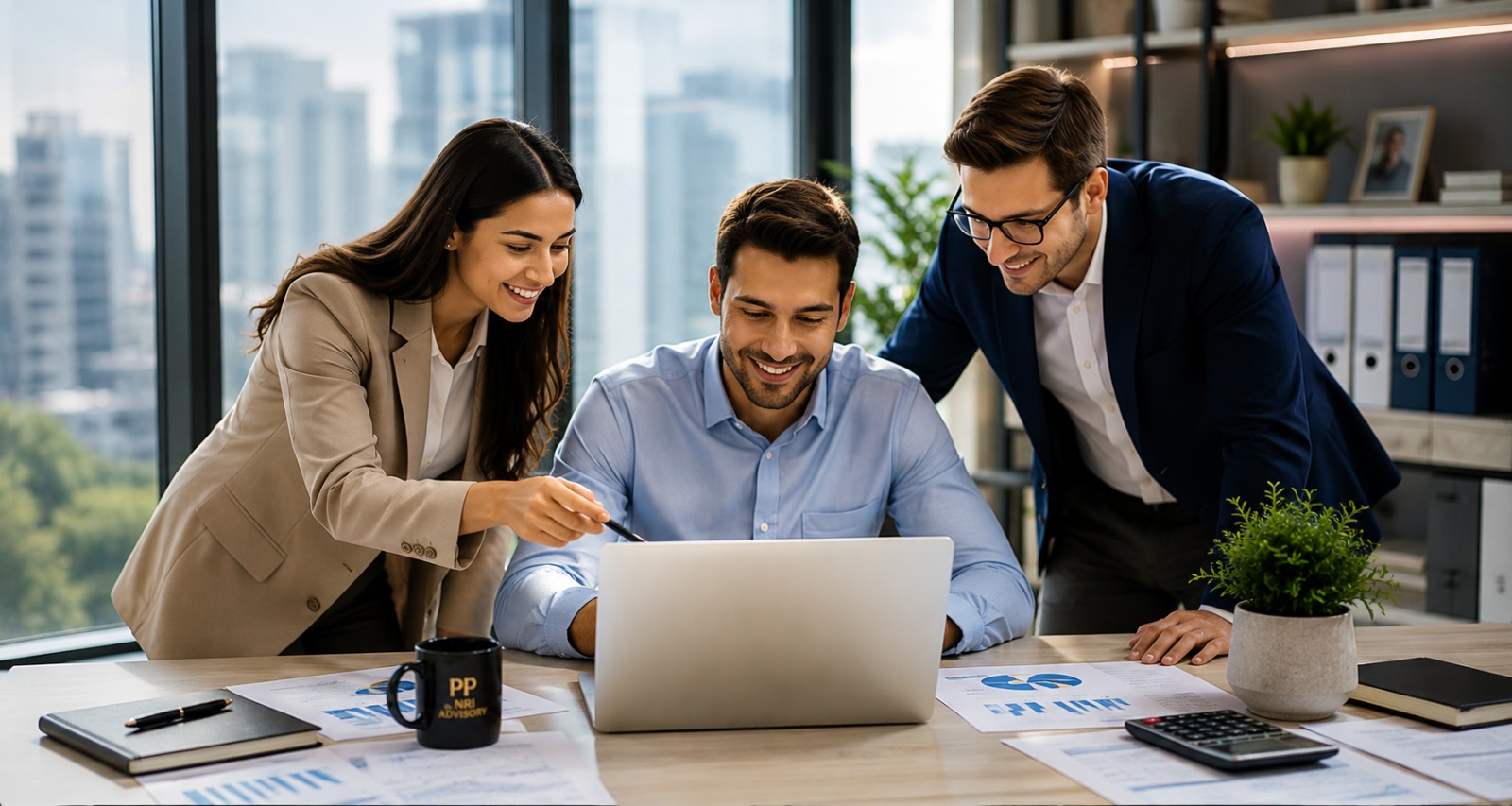 Senior tax advisor reviewing Form 1040 returns at a premium office desk
